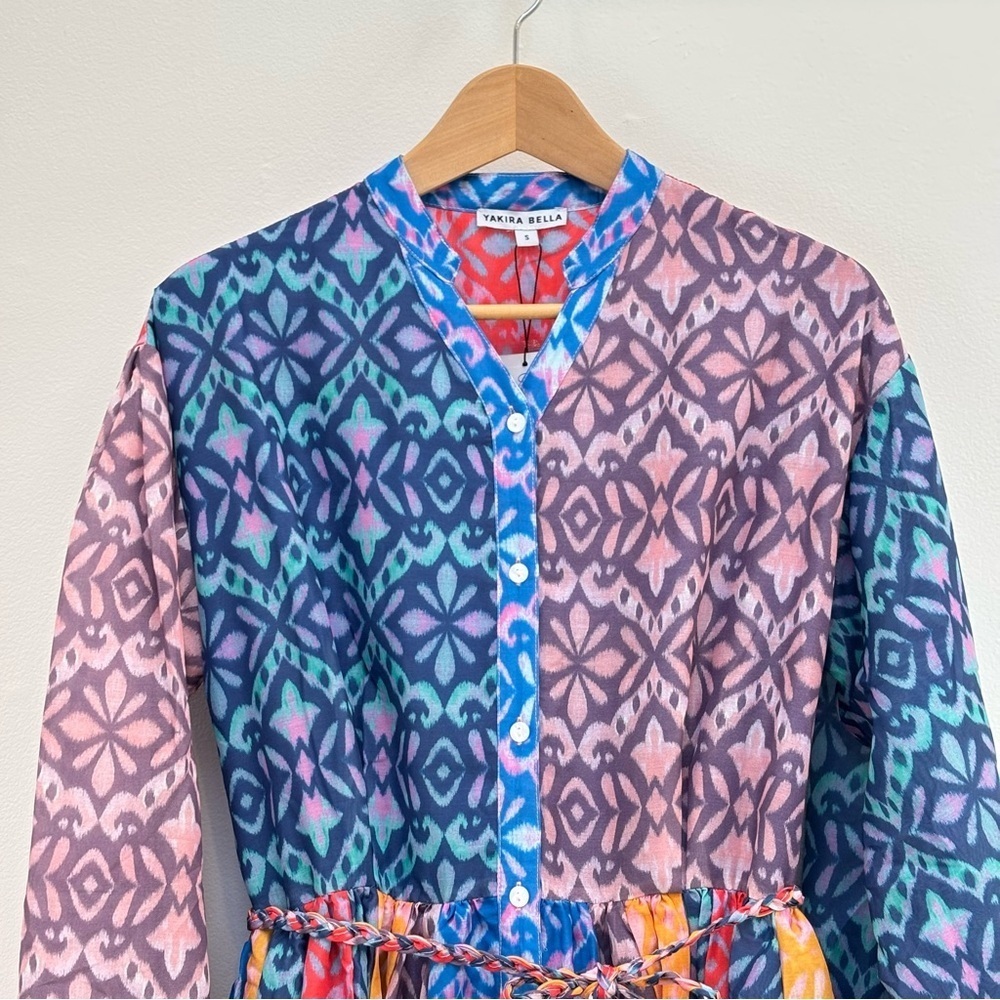 Yakira Bella Sari Patchwork Button Front Midi Dress Modest Colorful Boho S NEW - Picture 4 of 15